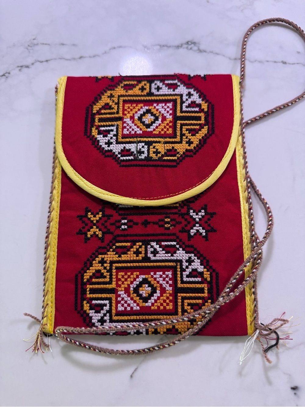 Handwoven Red Embroidered Crossbody Bag with Yellow Trim